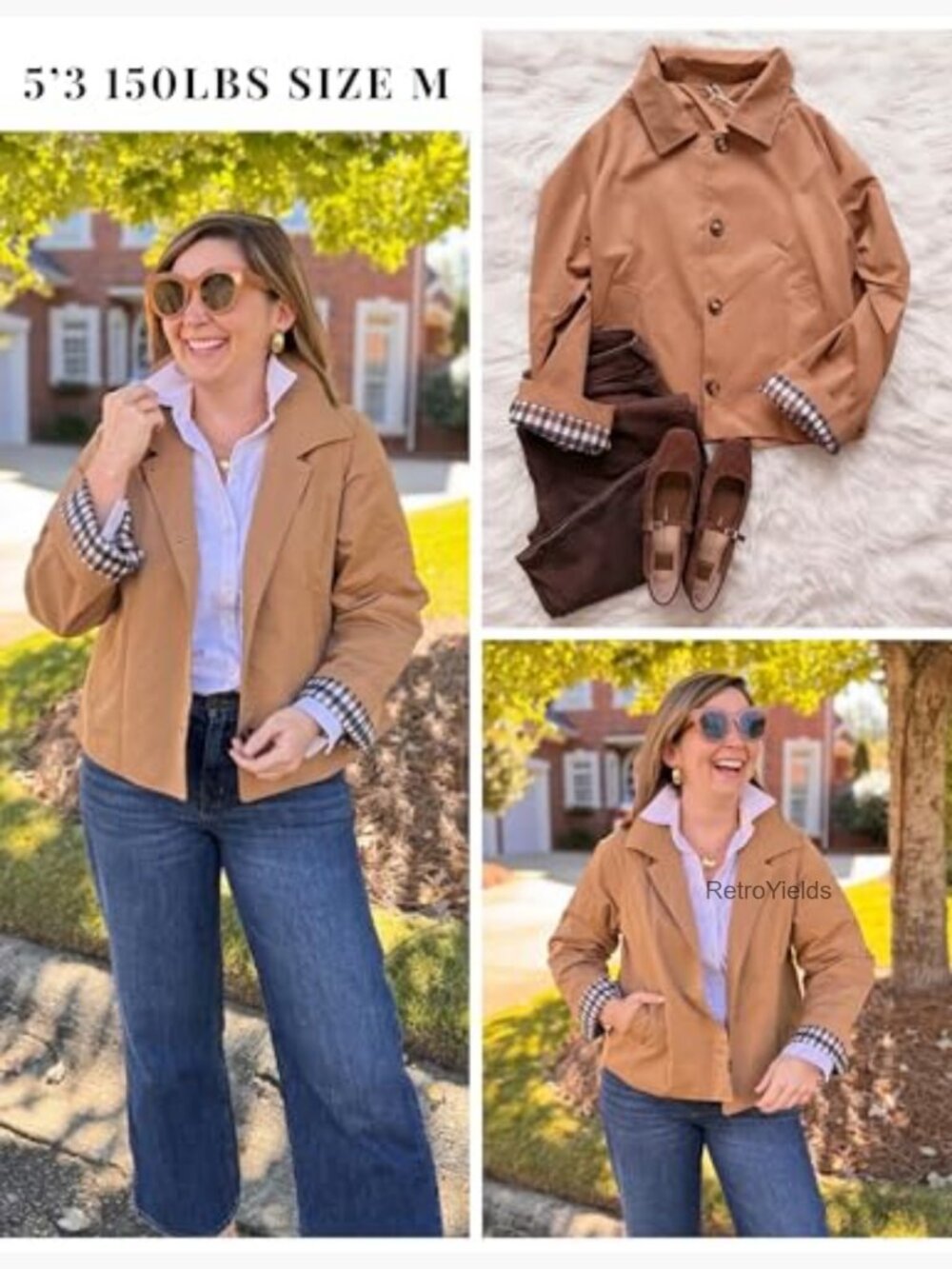Short Trench Jacket Plaid Lining Button Front Lightweight Casual Outerwear with - Picture 5 of 7